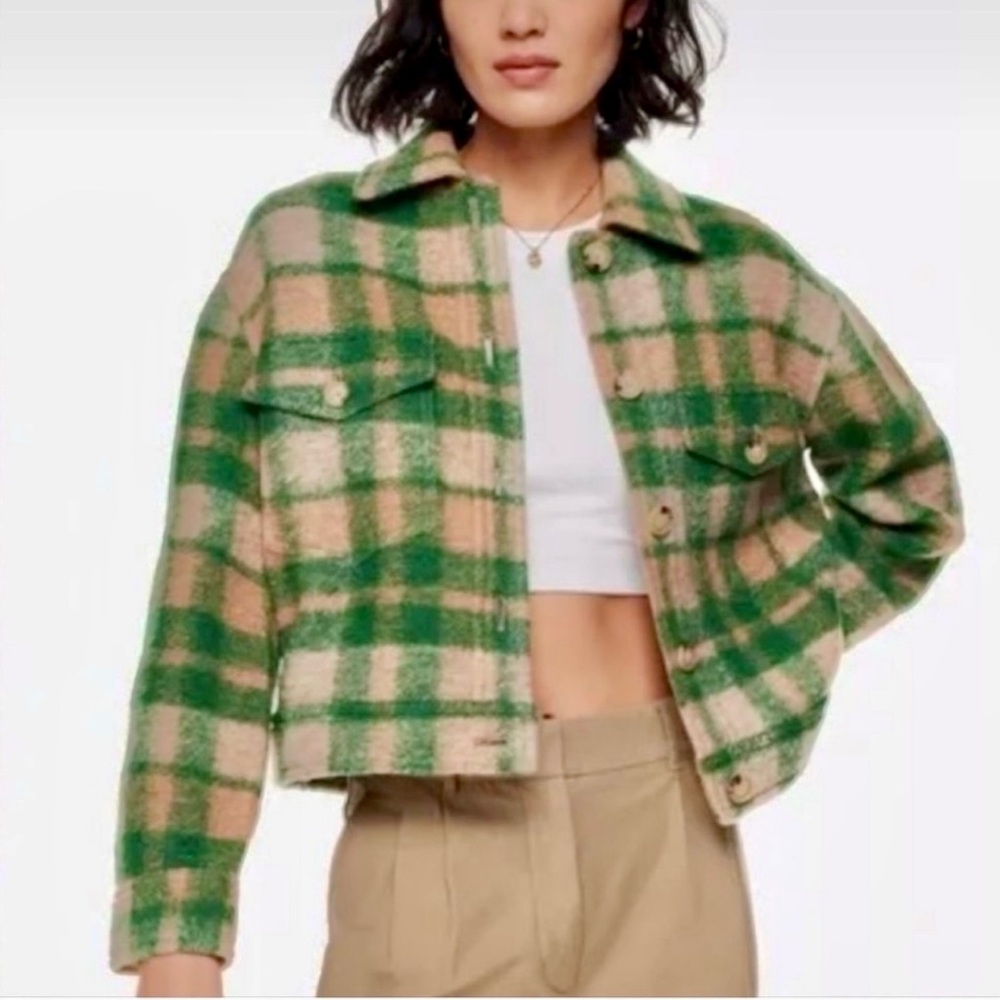 House of Harlow 1960 Green and Tan Plaid Cropped Teddy Jacket Women's Medium